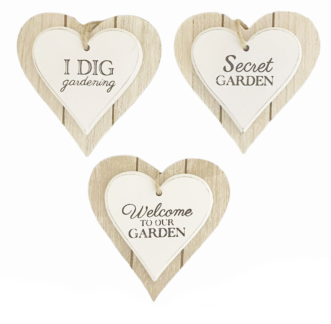 DOUBLE HEART GARDEN SIGNS 3ASSTD WITH HANG TAG