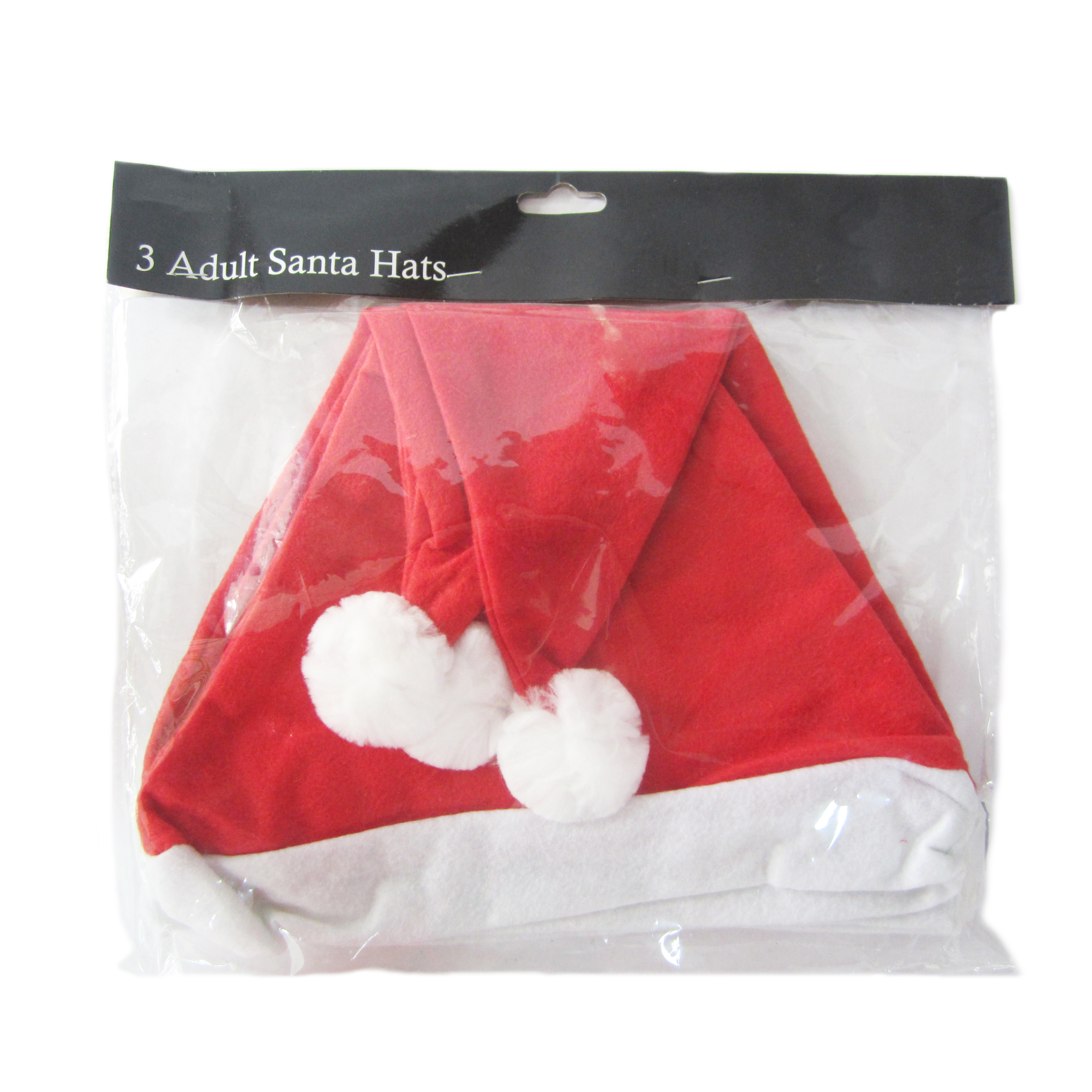 3PCE PROMO ADULT SANTA HATS IN PP BAG W/HC. RED/WHITE FELT