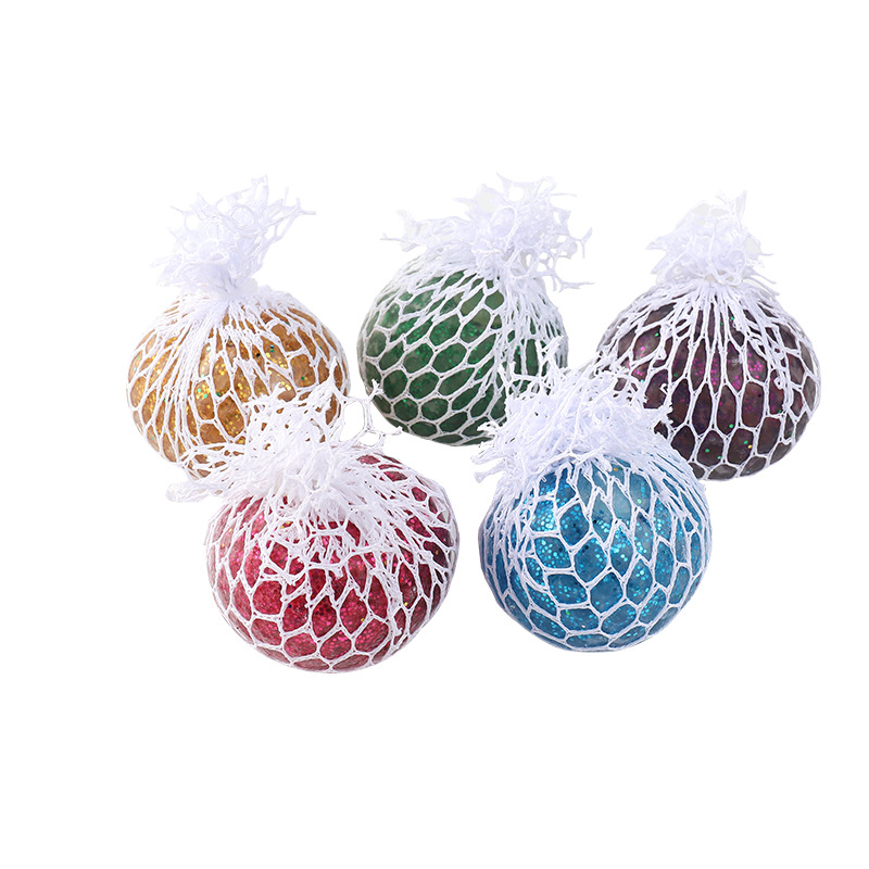 6CM CLEAR/GLITTER SQUISHY BALL IN NET 4ASST COLS 12PCS D/BOX
