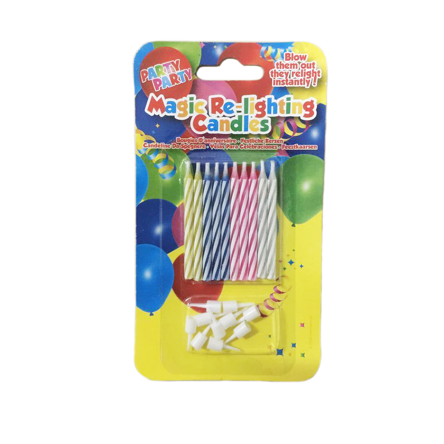 MAGIC RE-LIGHTING CANDLES 10PC PACK WITH HOLDERS ON BL/CARD
