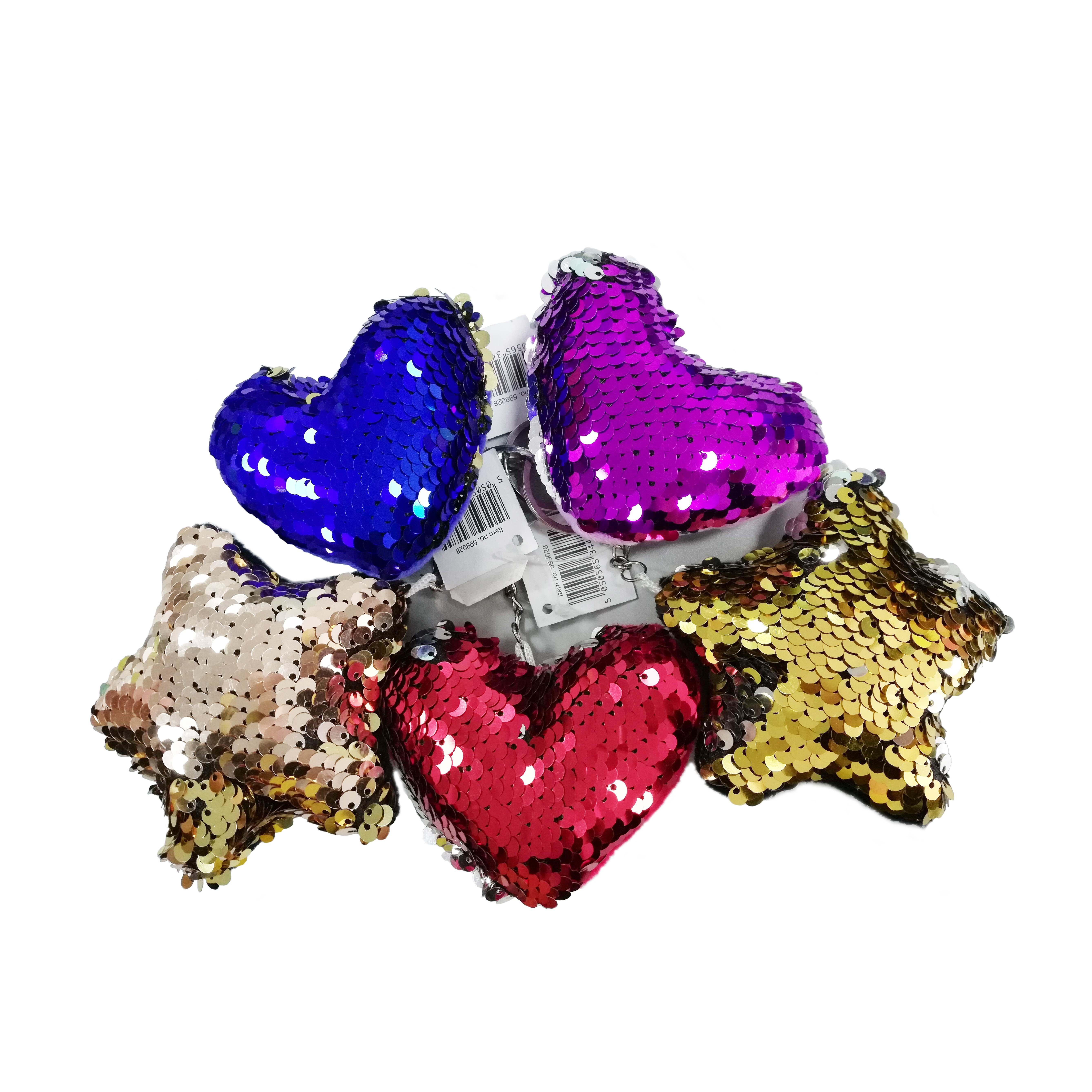 2 ASST HEART AND STAR SEQUIN KEY CHAIN BULK PACKED HEART OR STAR DESIGN